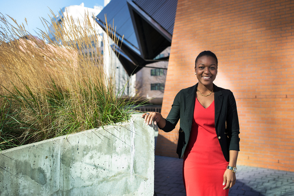 11/18/2015 - Cambridge, MA - Portrait of MIT senior Larissa Senatus in front of the Stata Center on November 18th, 2015. (Ian MacLellan for MIT News)